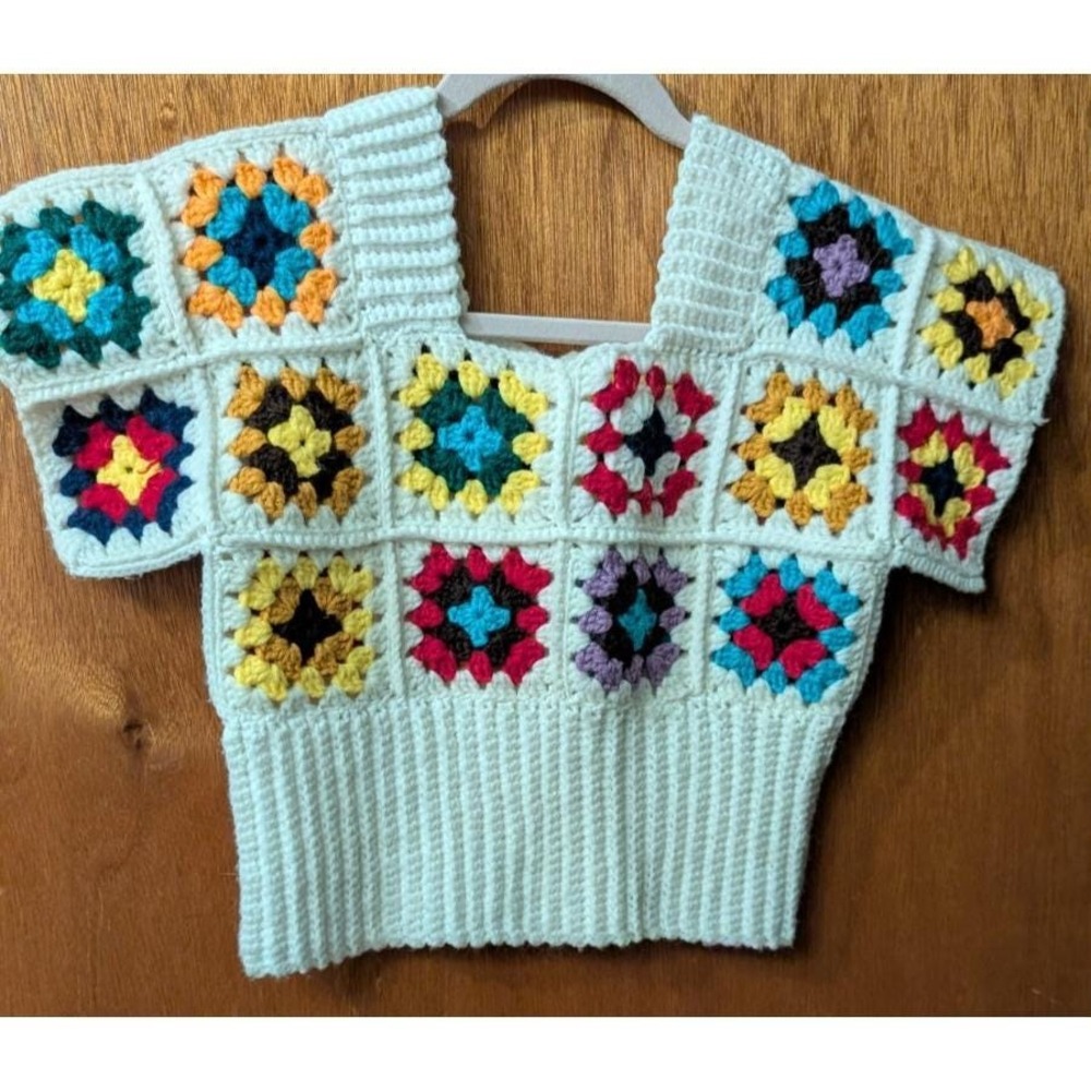 Handmade Crochet Granny Square Crop Top  Boho Hippie Multi Cream